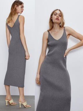 Zara Ribbed Knit Midi Dress Gray V-Neck Wide Straps Sz M